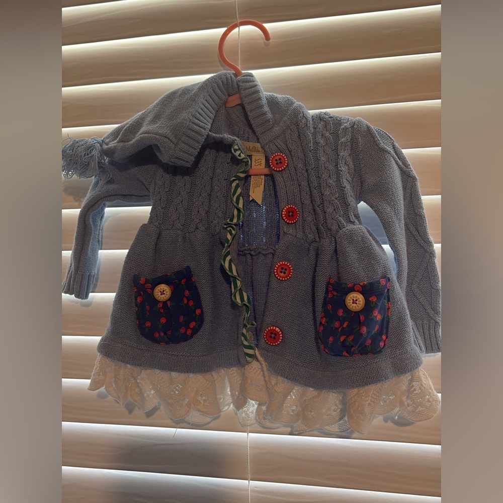 Matilda Jane blue Knit Jacket with Red Buttons